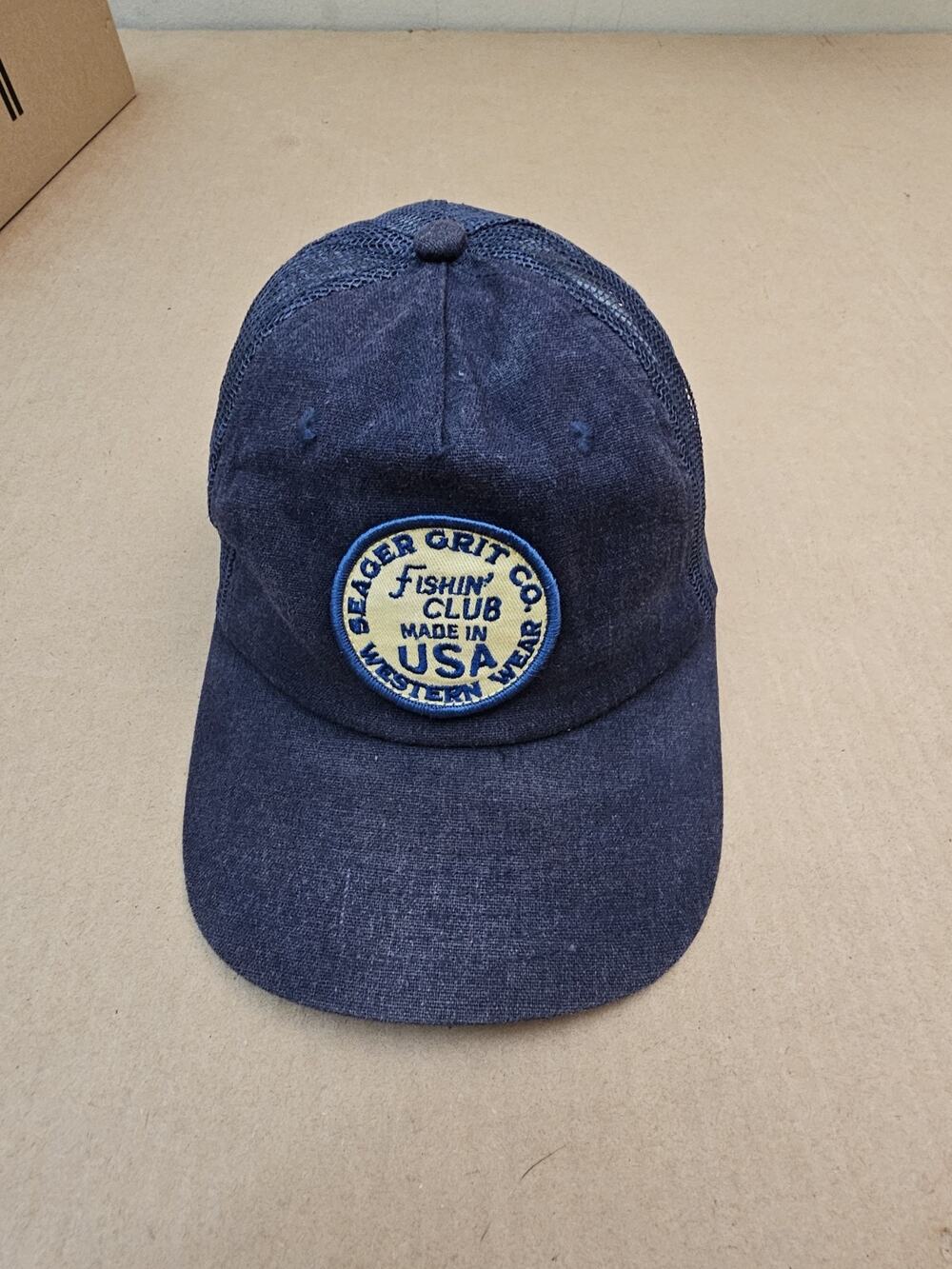 Seager Grit Company Fishing Club Trucker Hat Blue Mesh Snapback Mens Hemp